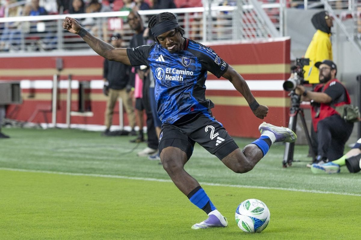 Sep 13, 2025; Santa Clara, California, USA;  San Jose Earthquakes defender Jamar Ricketts (2) kicks the ball during the second half against the Los Angeles FC at Levi's Stadium. Mandatory Credit: Stan Szeto-Imagn Images