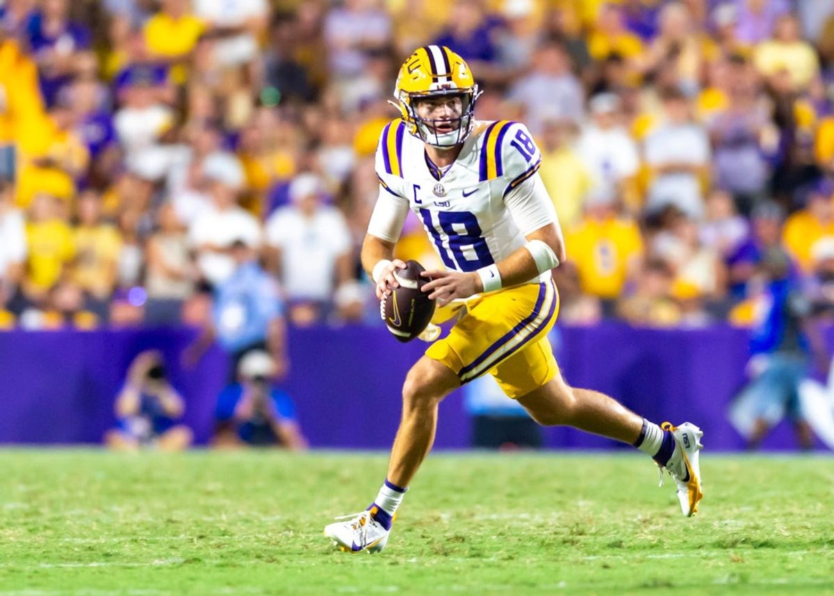Quarterback Garrett Nussmeier 18, LSU Tigers take on the Florida Gators. Sept 13, 2025; Baton Rouge, Louisiana, USA; at Tiger Stadium.
