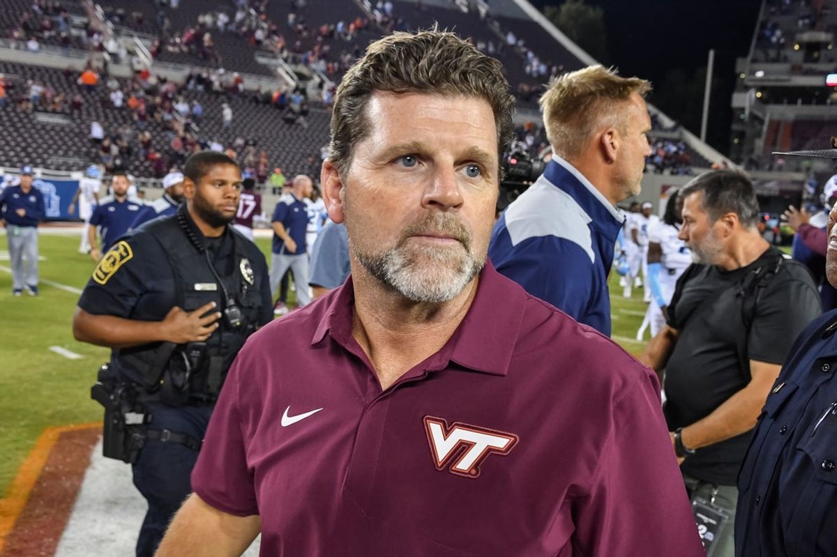 Sep 13, 2025; Blacksburg, Virginia, USA;  Virginia Tech Hokies head coach Brent Pry after the game at Lane Stadium. Mandatory Credit: Brian Bishop-Imagn Images