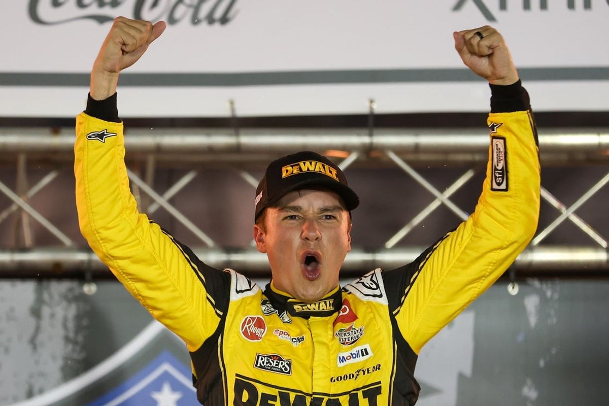 Sep 13, 2025; Bristol, Tennessee, USA; NASCAR Cup Series driver Christopher Bell (20) wins the Bass Pro Shops Night Race at Bristol Motor Speedway. Mandatory Credit: Randy Sartin-Imagn Images