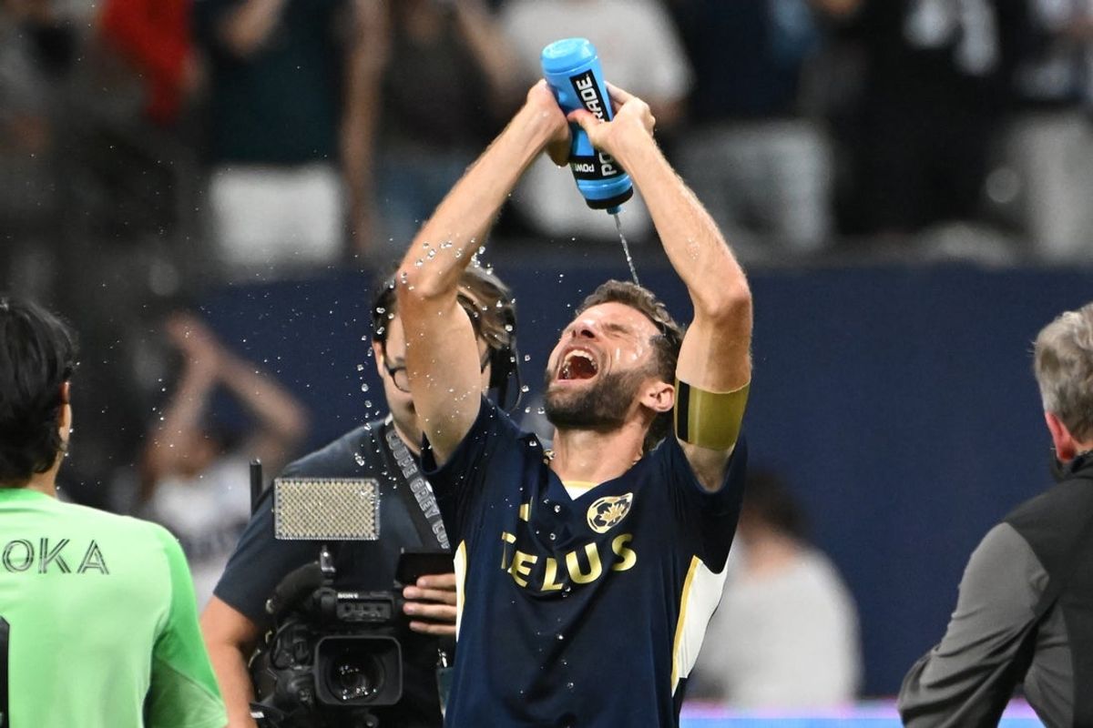 Sep 13, 2025; Vancouver, British Columbia, CAN;  Vancouver Whitecaps FC midfielder Thomas Muller (13) celebrates the win as the crowd sings happy birthday after the win against the Philadelphia Union at BC Place. Mandatory Credit: Simon Fearn-Imagn Images