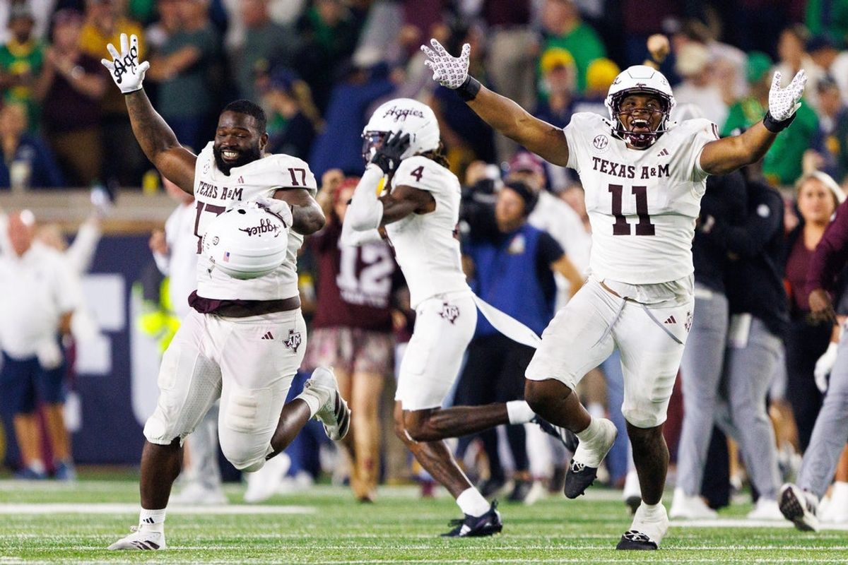 Texas A&M celebrates after winning a NCAA football game 41-40 against Notre Dame at Notre Dame Stadium on Saturday, Sept. 13, 2025, in South Bend.