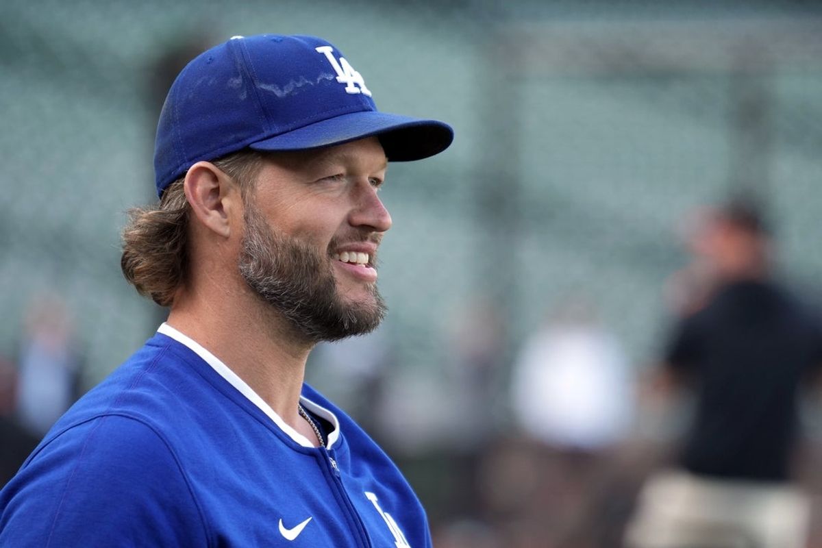 Sep 12, 2025; San Francisco, California, USA; Los Angeles Dodgers pitcher Clayton Kershaw (22) before the game against the San Francisco Giants at Oracle Park. Mandatory Credit: Darren Yamashita-Imagn Images