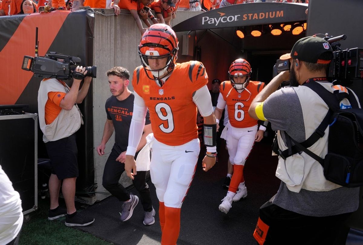 Cincinnati Bengals quarterback Joe Burrow (9) takes the field before facing the Jacksonville Jaguars in their first home game of the season at Paycor Stadium Sunday, September 14, 2025.