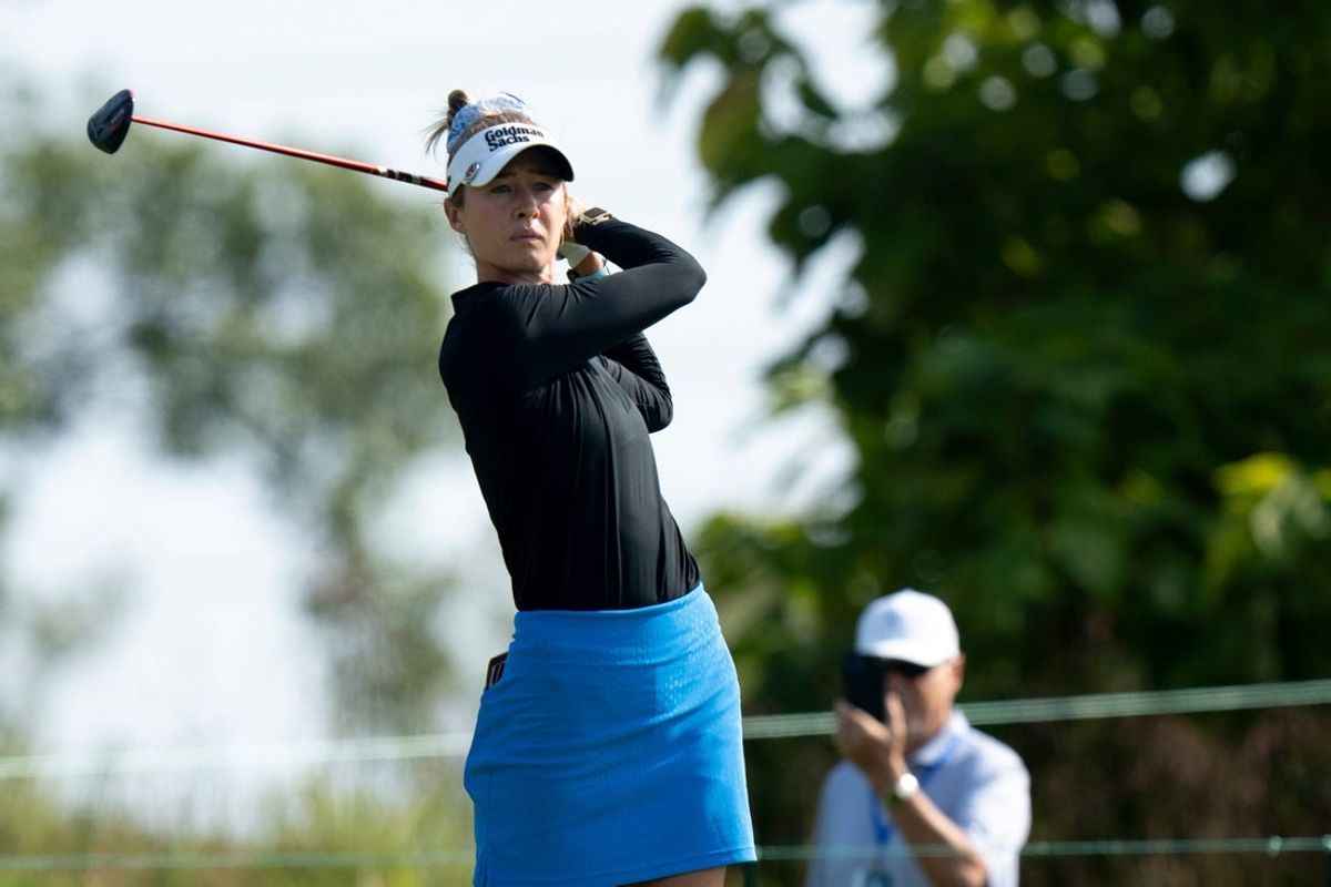 Nelly Korda, tees off during the Queen City Classic Final Round on Sept. 14, 2025, at TPC River's Bend in Maineville, Ohio.