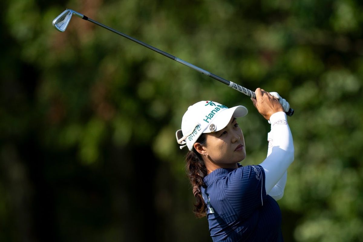 Minjee Lee, of Australia, tees off on hole five during the Queen City Classic Final Round on Sept. 14, 2025, at TPC River's Bend in Maineville, Ohio.