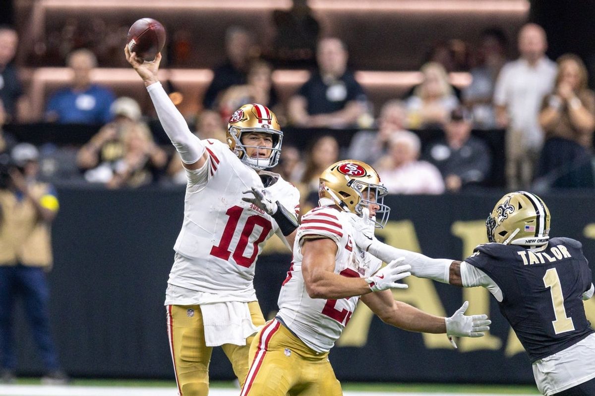 Sep 14, 2025; New Orleans, Louisiana, USA;  San Francisco 49ers quarterback Mac Jones (10) passes against the New Orleans Saints during the first half at Caesars Superdome. Mandatory Credit: Stephen Lew-Imagn Images