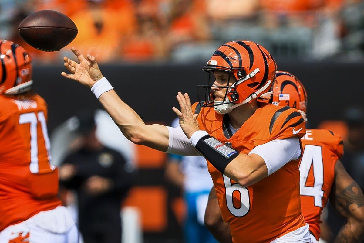 Sep 14, 2025; Cincinnati, Ohio, USA; Cincinnati Bengals quarterback Jake Browning (6) throws a pass against the Jacksonville Jaguars in the first half at Paycor Stadium. Mandatory Credit: Katie Stratman-Imagn Images