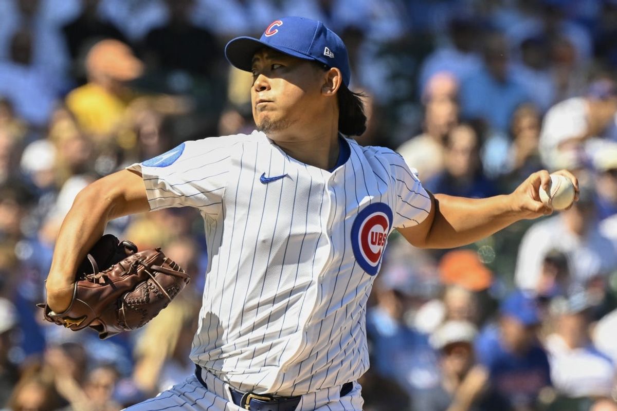Sep 14, 2025; Chicago, Illinois, USA; Chicago Cubs pitcher Shota Imanaga (18) delivers against the Tampa Bay Rays during the first inning at Wrigley Field. Mandatory Credit: Matt Marton-Imagn Images