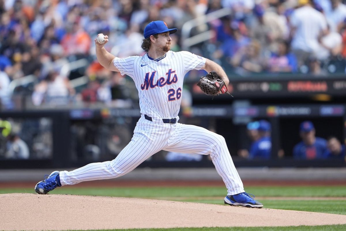 Sep 14, 2025; New York City, New York, USA; New York Mets pitcher Nolan McLean (26) delivers a pitch against the Texas Rangers during the first inning at Citi Field. Mandatory Credit: Gregory Fisher-Imagn Images