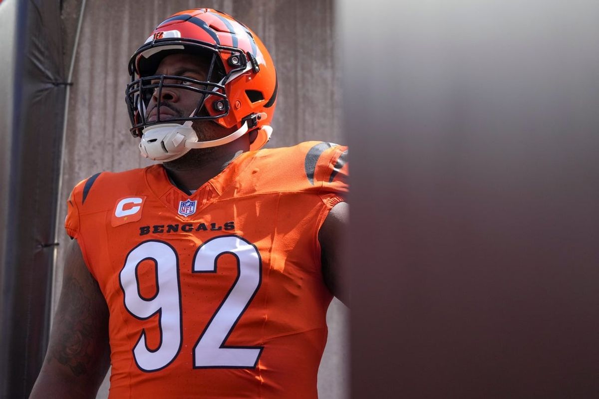 Cincinnati Bengals defensive tackle B.J. Hill (92) prepares to take the field for the first quarter of the NFL Week 2 game between the Cincinnati Bengals and the Jacksonville Jaguars at Paycor Stadium in downtown Cincinnati on Sunday, Sept. 14, 2025. The Jaguars led 17-10 at halftime.