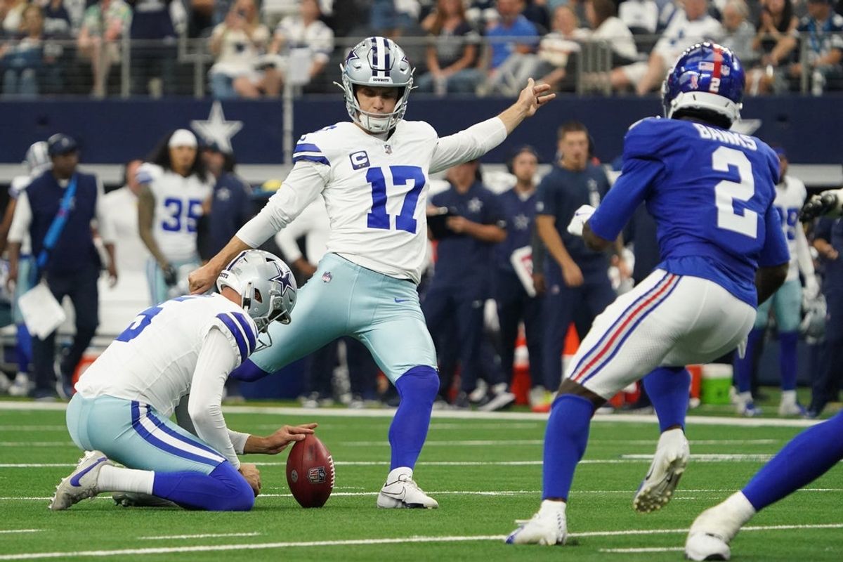 Sep 14, 2025; Arlington, Texas, USA; Dallas Cowboys place kicker Brandon Aubrey (17) attempts a field goal against the New York Giants during the third quarter at AT&T Stadium. Mandatory Credit: Raymond Carlin III-Imagn Images