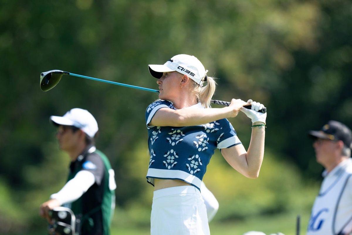 Charley Hull, of England, tees off during the Queen City Classic Final Round on Sept. 14, 2025, at TPC River's Bend in Maineville, Ohio.
