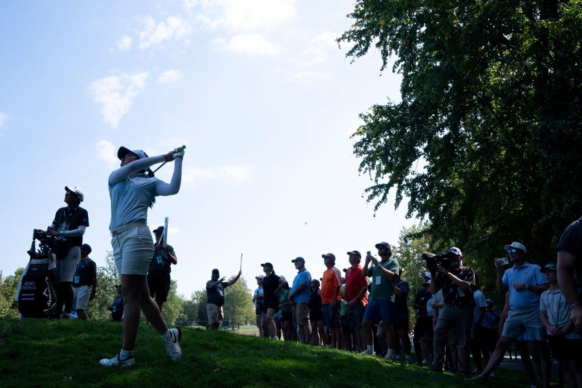 Jeeno Thitikul, of Thailand, hits an approach shot during the Queen City Classic Final Round on Sept. 14, 2025, at TPC River's Bend in Maineville, Ohio.