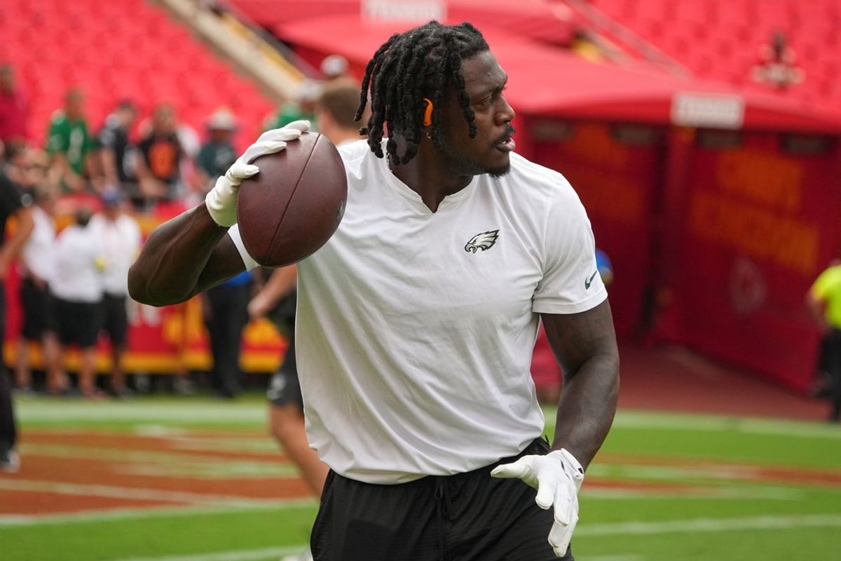 Sep 14, 2025; Kansas City, Missouri, USA; Philadelphia Eagles wide receiver A.J. Brown (11) warms up prior to the game against the Kansas City Chiefs at GEHA Field at Arrowhead Stadium. Mandatory Credit: Denny Medley-Imagn Images