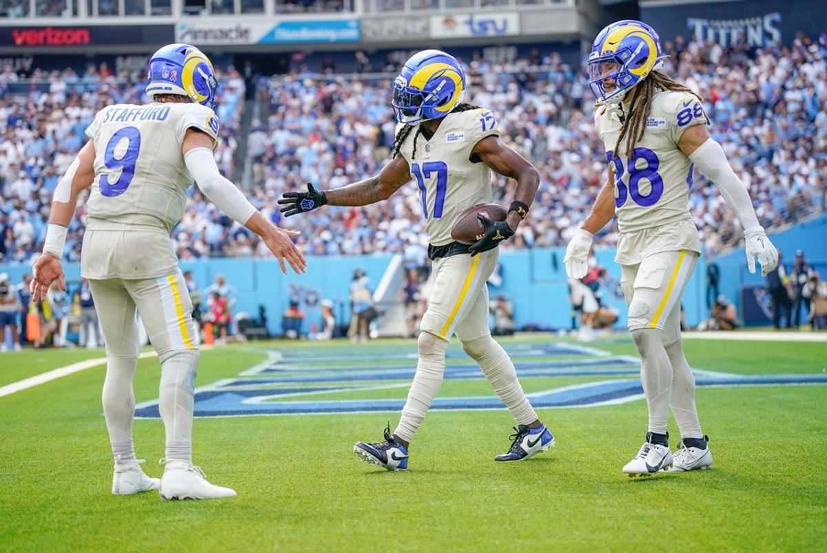 Los Angeles Rams wide receiver Davante Adams (17) celebrates his touchdown against the Tennessee Titans during the fourth quarter at Nissan Stadium in Nashville, Tenn., Sunday, Sept. 14, 2025.