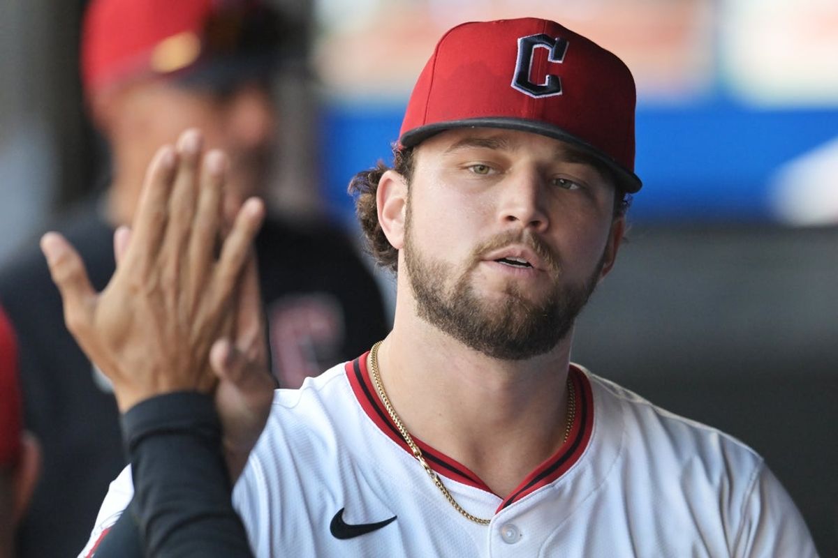 Sep 14, 2025; Cleveland, Ohio, USA; Cleveland Guardians starting pitcher Slade Cecconi (44) celebrates during the fifth inning against the Chicago White Sox at Progressive Field. Mandatory Credit: Ken Blaze-Imagn Images