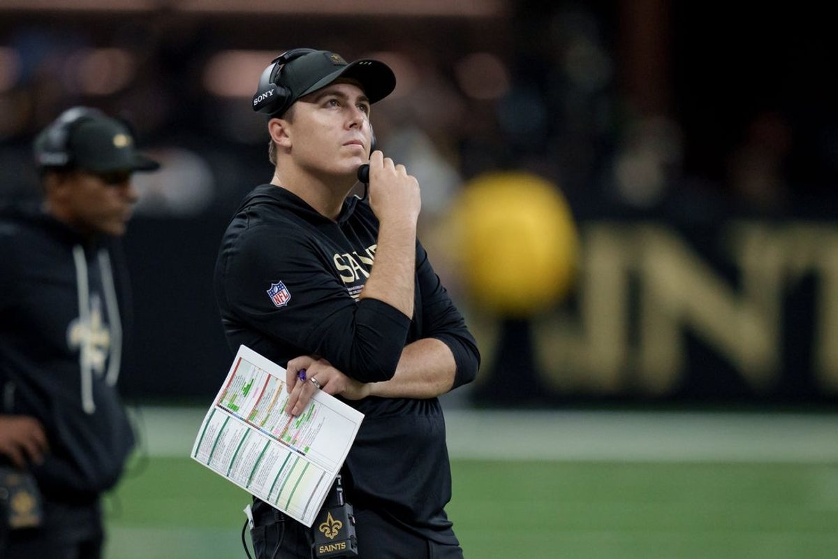 Sep 14, 2025; New Orleans, Louisiana, USA;  New Orleans Saints head coach Kellen Moore reacts during the first half against the San Francisco 49ers at Caesars Superdome. Mandatory Credit: Matthew Hinton-Imagn Images
