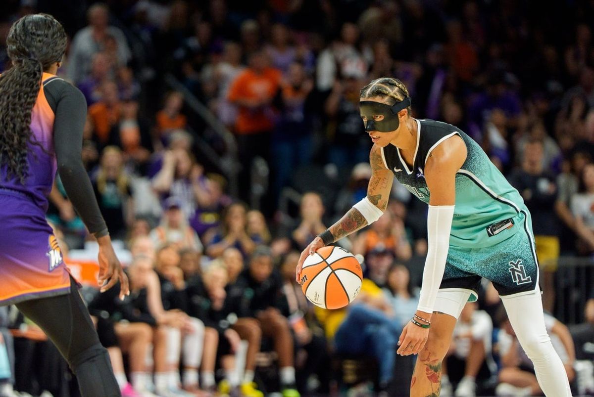 Sep 14, 2025; Phoenix, Arizona, USA; New York Liberty guard Natasha Cloud (9) reacts as she works her way down the court during overtime against the Phoenix Mercury during game one of the 2025 WNBA Playoffs round one at PHX Arena. Mandatory Credit: Allan Henry-Imagn Images