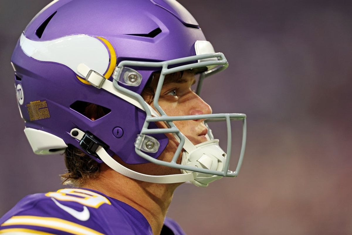 Sep 14, 2025; Minneapolis, Minnesota, USA; Minnesota Vikings quarterback J.J. McCarthy (9) takes the field before the game against Atlanta Falcons at U.S. Bank Stadium. Mandatory Credit: Matt Krohn-Imagn Images