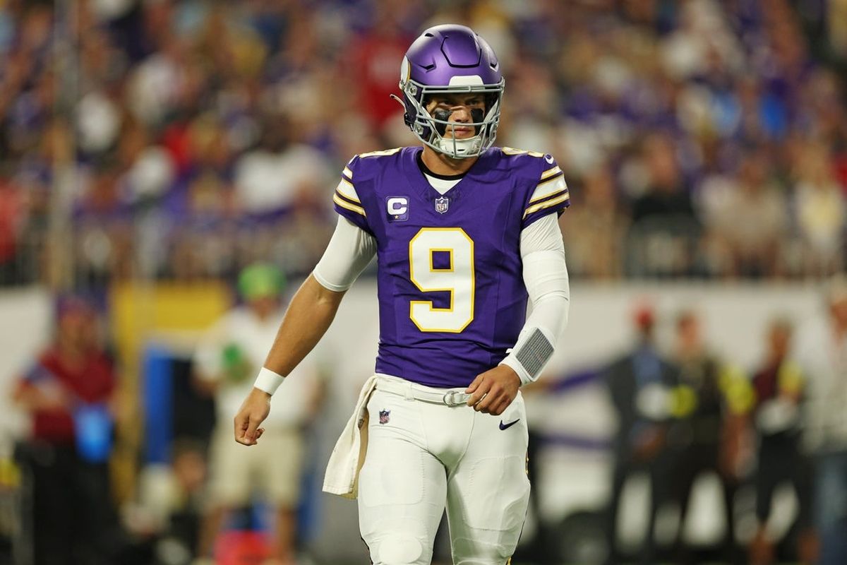 Sep 14, 2025; Minneapolis, Minnesota, USA; Minnesota Vikings quarterback J.J. McCarthy (9) reacts after a play during the first half against the Atlanta Falcons at U.S. Bank Stadium. Mandatory Credit: Matt Krohn-Imagn Images