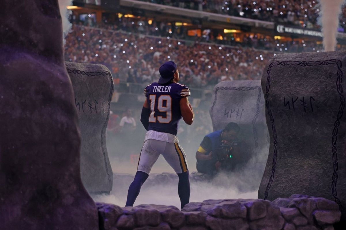 Sep 14, 2025; Minneapolis, Minnesota, USA; Minnesota Vikings wide receiver Adam Thielen (19) enters the field before the game against the Atlanta Falcons at U.S. Bank Stadium. Mandatory Credit: Matt Krohn-Imagn Images