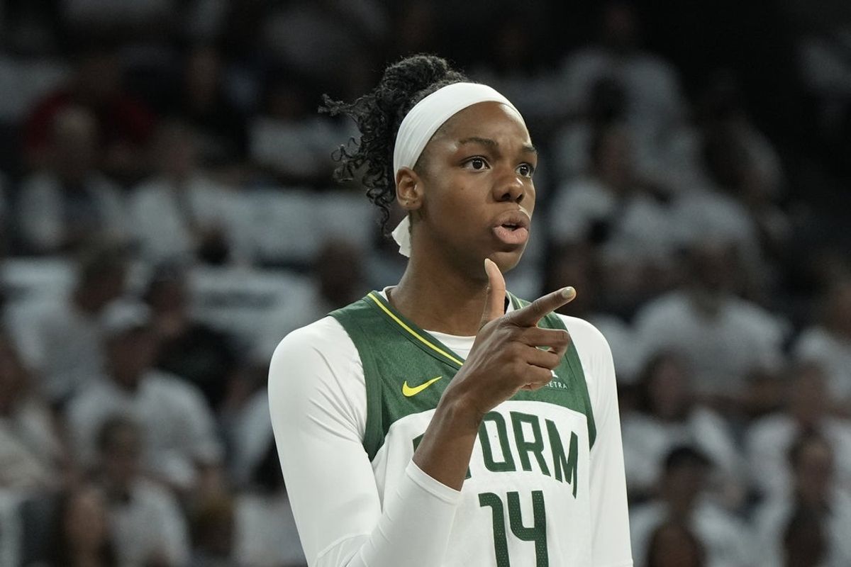Sep 14, 2025; Las Vegas, Nevada, USA; Seattle Storm center Dominique Malonga (14) gestures to a teammate before foul shot by the Las Vegas Aces in the second quarter during game one of round one for the 2025 WNBA Playoffs at Michelob Ultra Arena. Mandatory Credit: Candice Ward-Imagn Images