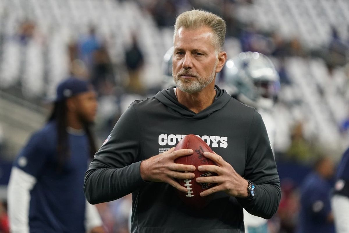 Sep 14, 2025; Arlington, Texas, USA; Dallas Cowboys defensive coordinator Matt Eberflus on the field during pregame at AT&T Stadium. Mandatory Credit: Raymond Carlin III-Imagn Images