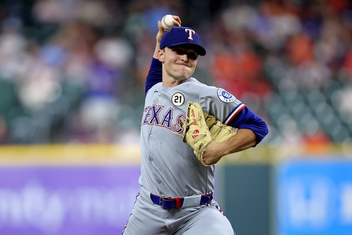 Sep 15, 2025; Houston, Texas, USA; Texas Rangers starting pitcher Jack Leiter (35) delivers a pitch against the Houston Astros during the first inning at Daikin Park. Mandatory Credit: Erik Williams-Imagn Images