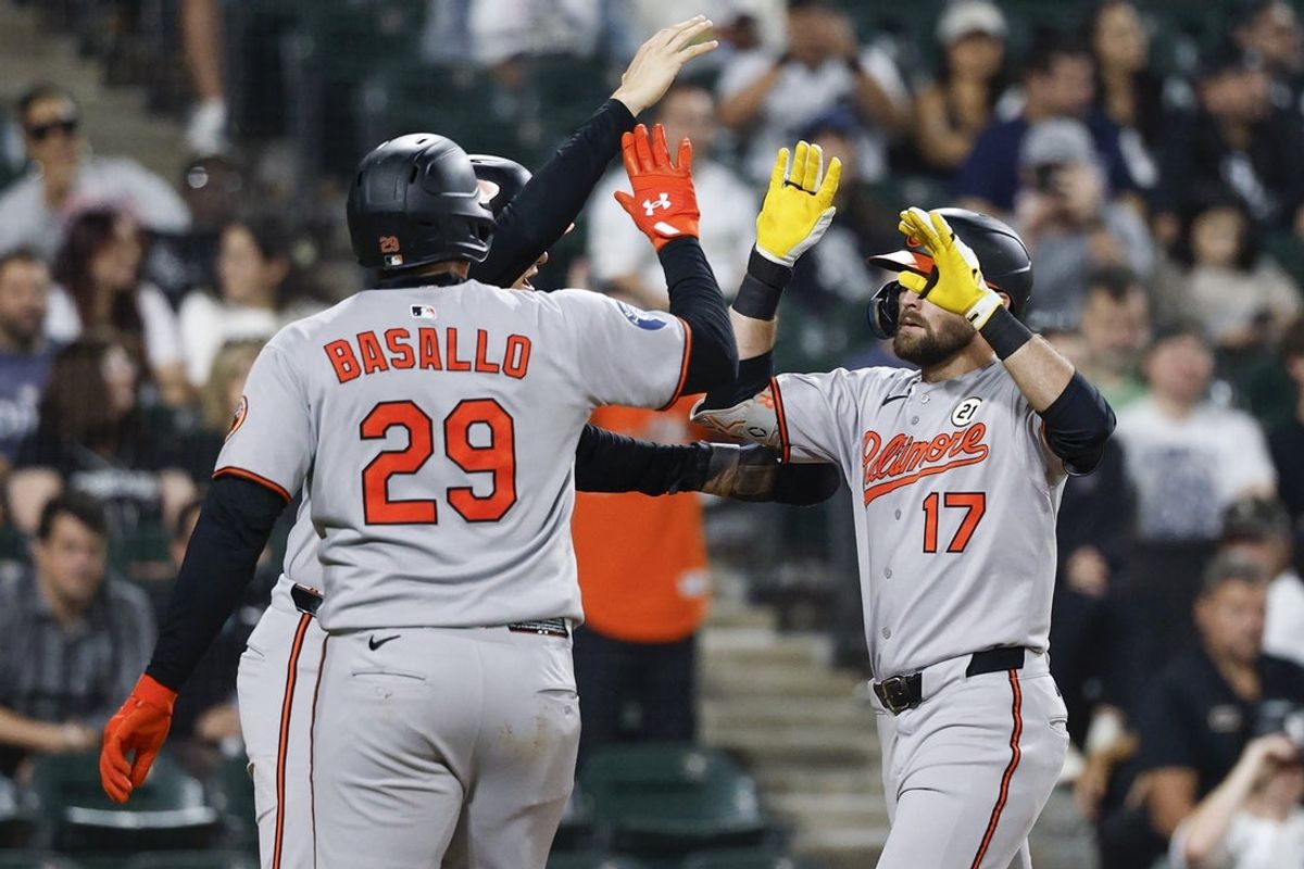 Sep 15, 2025; Chicago, Illinois, USA; Baltimore Orioles center fielder Colton Cowser (17) celebrates with teammates after hitting a three-run home run against the Chicago White Sox during the sixth inning at Rate Field. Mandatory Credit: Kamil Krzaczynski-Imagn Images