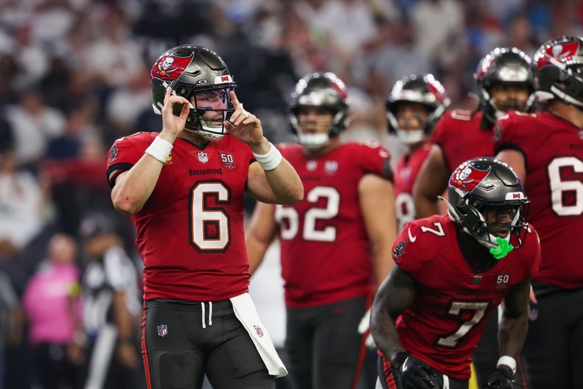 Sep 15, 2025; Houston, Texas, USA; Tampa Bay Buccaneers quarterback Baker Mayfield (6) calls a play during the fourth quarter against the Houston Texans at NRG Stadium. Mandatory Credit: Thomas Shea-Imagn Images