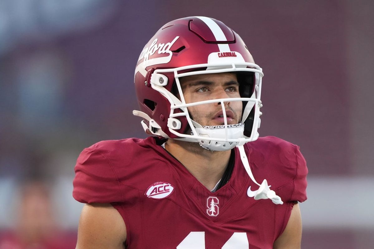 Sep 13, 2025; Stanford, California, USA; Stanford Cardinal wide receiver Bryce Farrell (11) before the game against the Boston College Eagles at Stanford Stadium. Mandatory Credit: Darren Yamashita-Imagn Images
