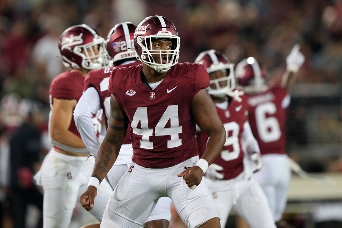 Sep 13, 2025; Stanford, California, USA; Stanford Cardinal linebacker Ernest Cooper (44) during the third quarter against the Boston College Eagles at Stanford Stadium. Mandatory Credit: Darren Yamashita-Imagn Images