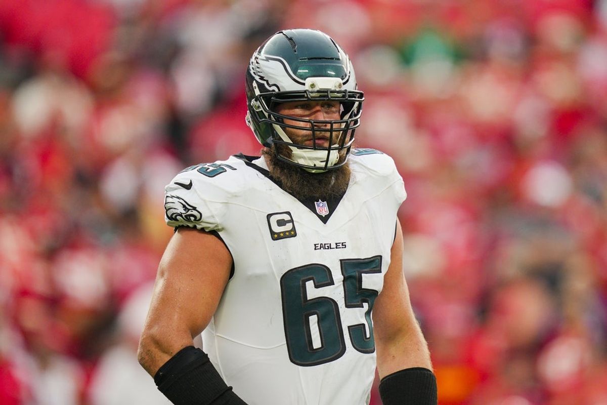Sep 14, 2025; Kansas City, Missouri, USA; Philadelphia Eagles offensive tackle Lane Johnson (65) reacts during the second half against the Kansas City Chiefs at GEHA Field at Arrowhead Stadium. Mandatory Credit: Jay Biggerstaff-Imagn Images