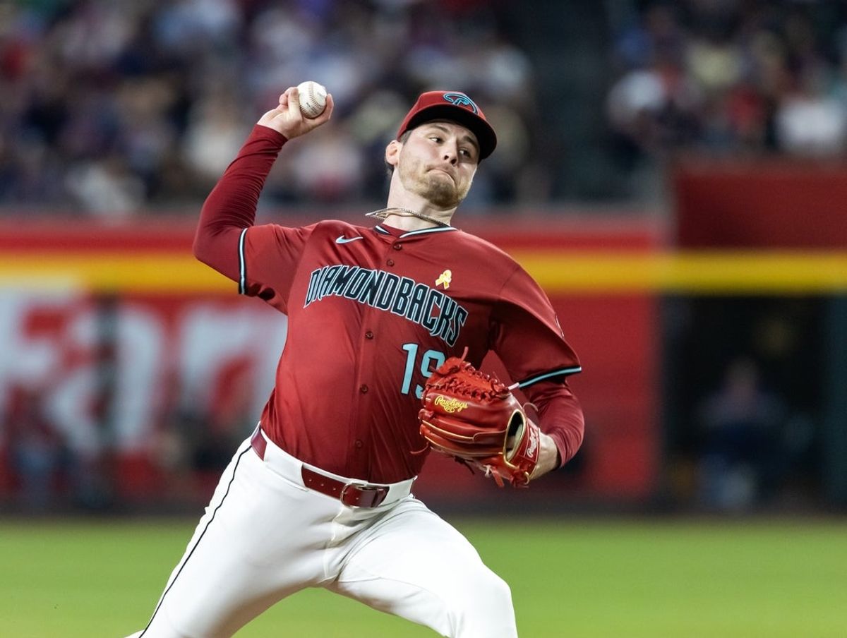 Sep 7, 2025; Phoenix, Arizona, USA; Arizona Diamondbacks pitcher Ryne Nelson against the Boston Red Sox at Chase Field. Mandatory Credit: Mark J. Rebilas-Imagn Images