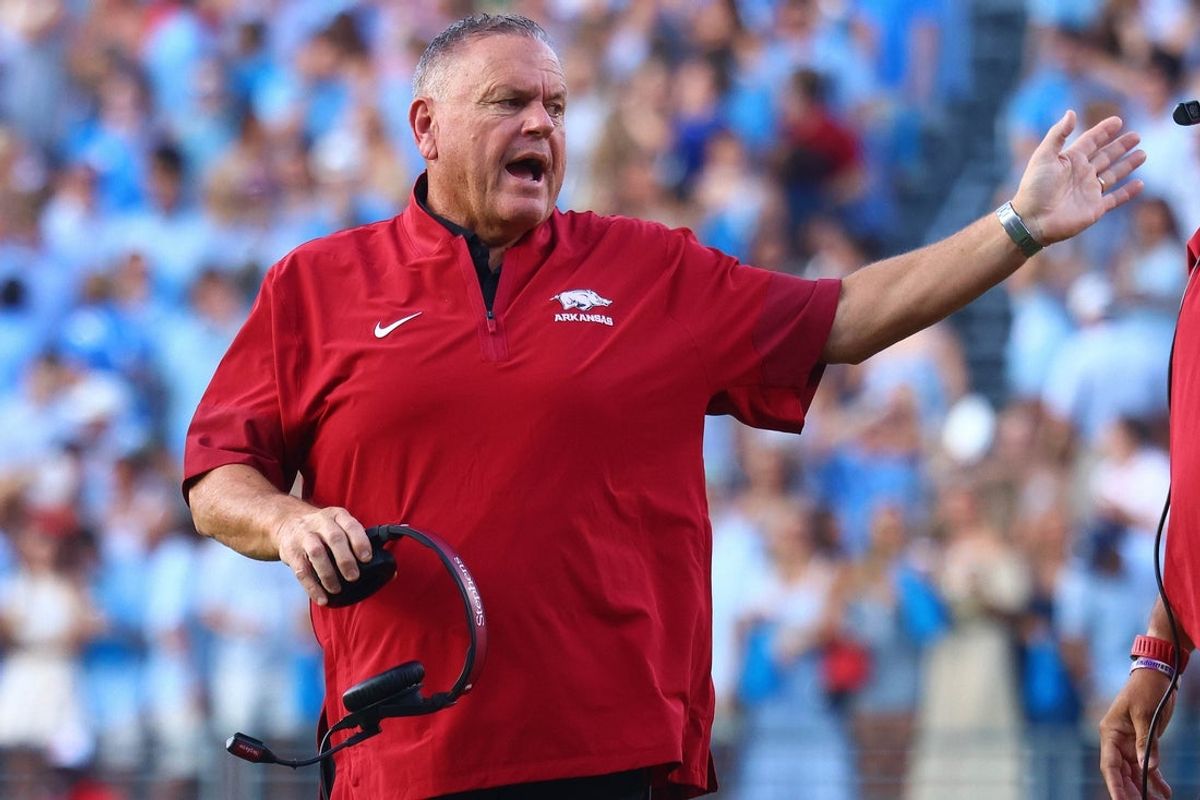 Sep 13, 2025; Oxford, Mississippi, USA; Arkansas Razorback head coach Sam Pittman reacts during the first quarter against the Mississippi Rebels at Vaught-Hemingway Stadium. Mandatory Credit: Petre Thomas-Imagn Images
