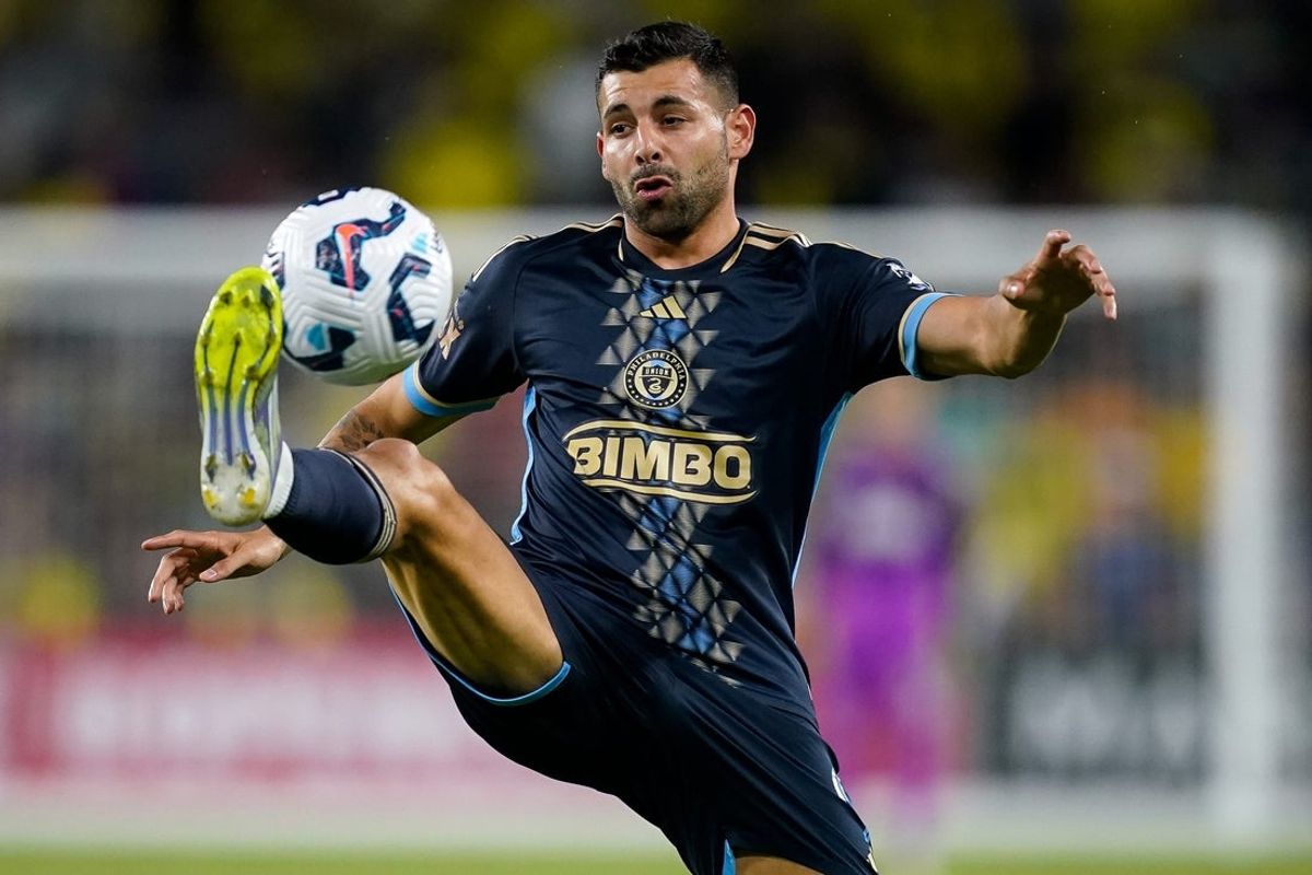 Philadelphia Union forward Tai Baribo (9) kicks the ball against Nashville SC during the first half of a U.S. Open Cup semifinal soccer match at Geodis Park in Nashville, Tenn., Tuesday, Sept. 16, 2025.