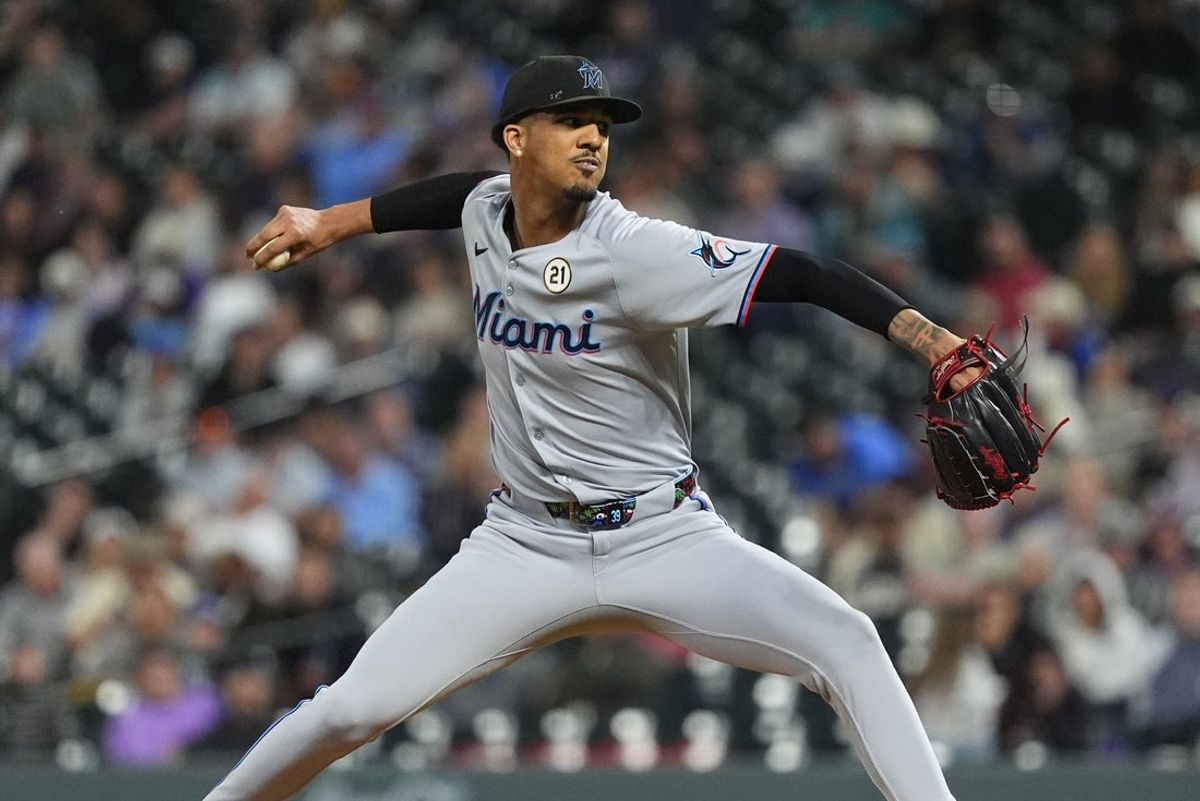 Sep 16, 2025; Denver, Colorado, USA; Miami Marlins starting pitcher Eury Perez (39) delivers a pitch in the fifth inning against the Colorado Rockies at Coors Field. Mandatory Credit: Ron Chenoy-Imagn Images