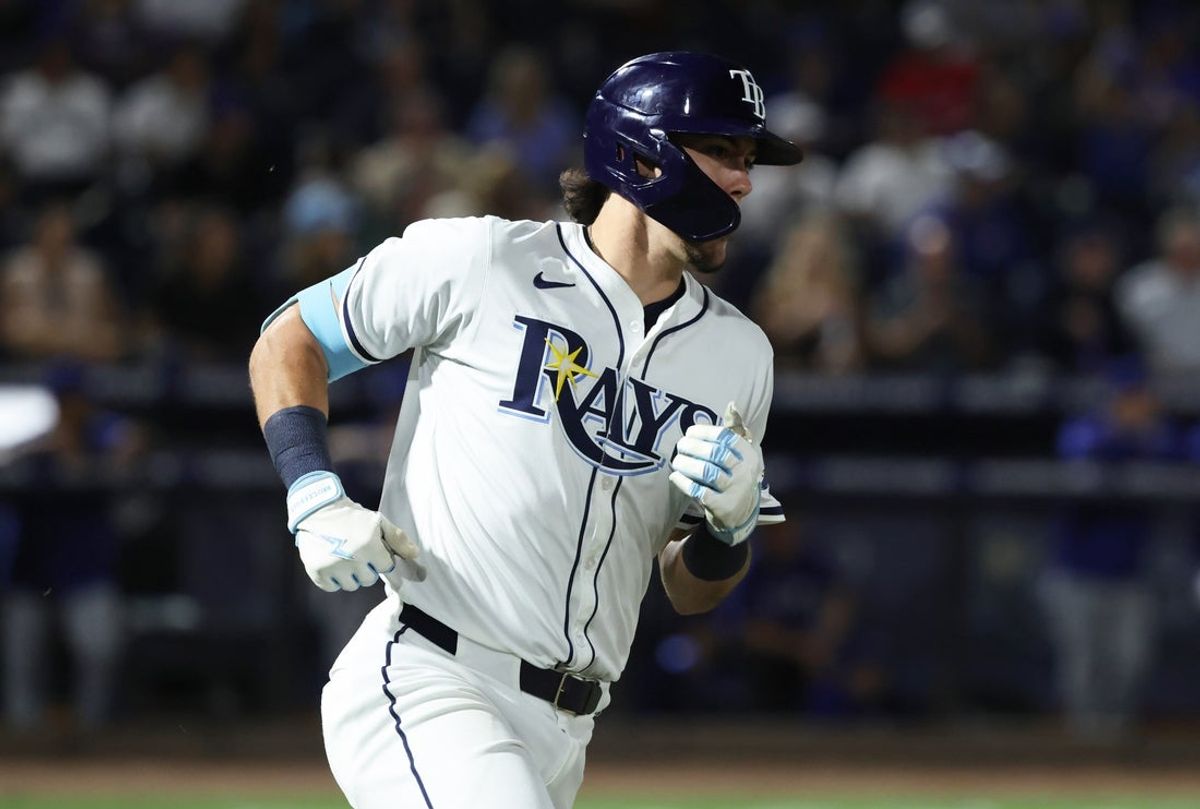 Sep 16, 2025; St. Petersburg, Florida, USA; Tampa Bay Rays shortstop Tristan Gray (10) hits a RBI single during the eighth inning against the Toronto Blue Jays at George M. Steinbrenner Field. Mandatory Credit: Kim Klement Neitzel-Imagn Images
