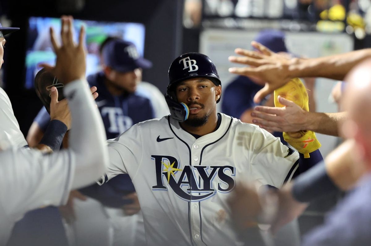 Sep 16, 2025; St. Petersburg, Florida, USA; Tampa Bay Rays left fielder Chandler Simpson (14) scores a run during the ninth inning against the Toronto Blue Jays at George M. Steinbrenner Field. Mandatory Credit: Kim Klement Neitzel-Imagn Images