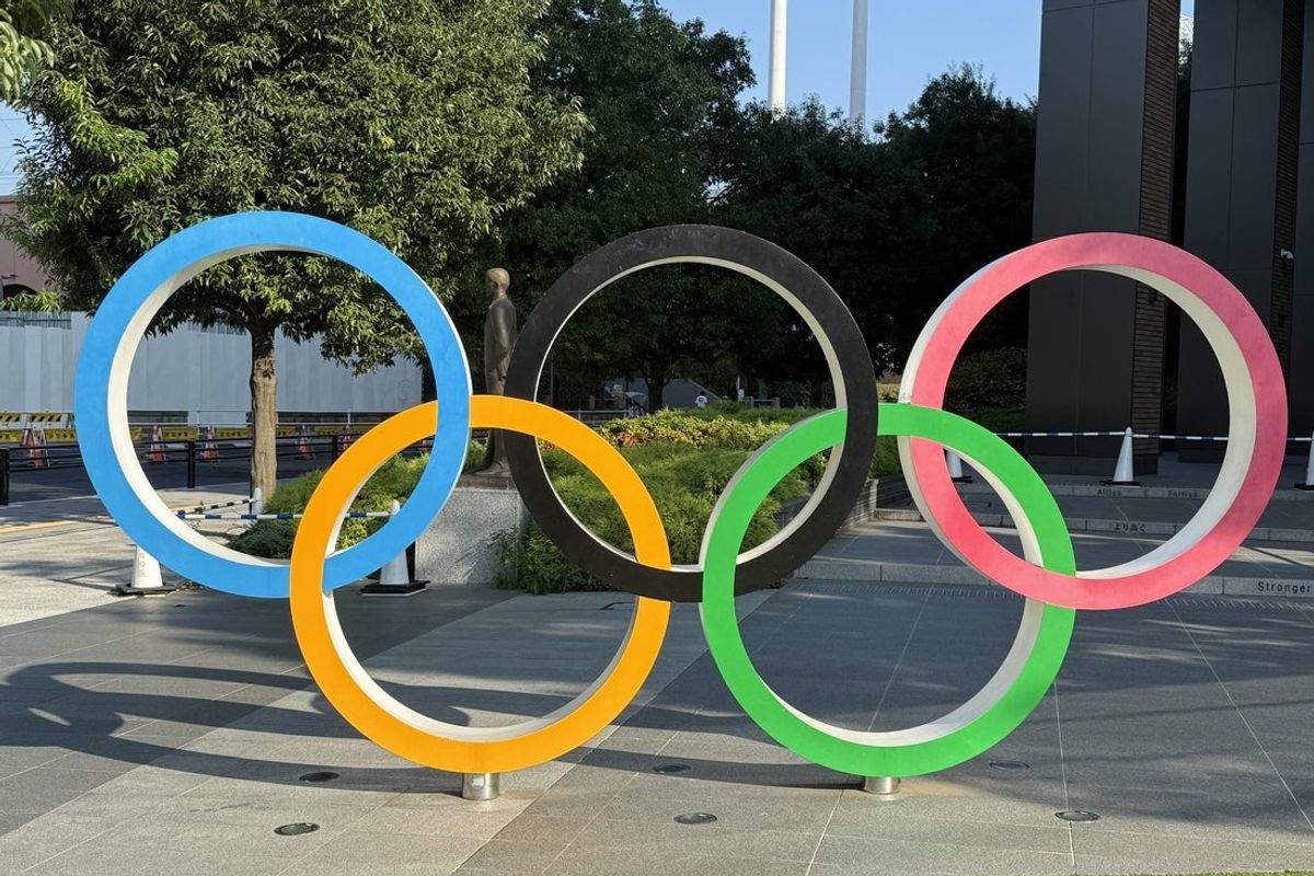 Sep 17, 2025; Tokyo, Japan; The Olympic rings at the Japan Olympic Museum. Mandatory Credit: Kirby Lee-Imagn Images