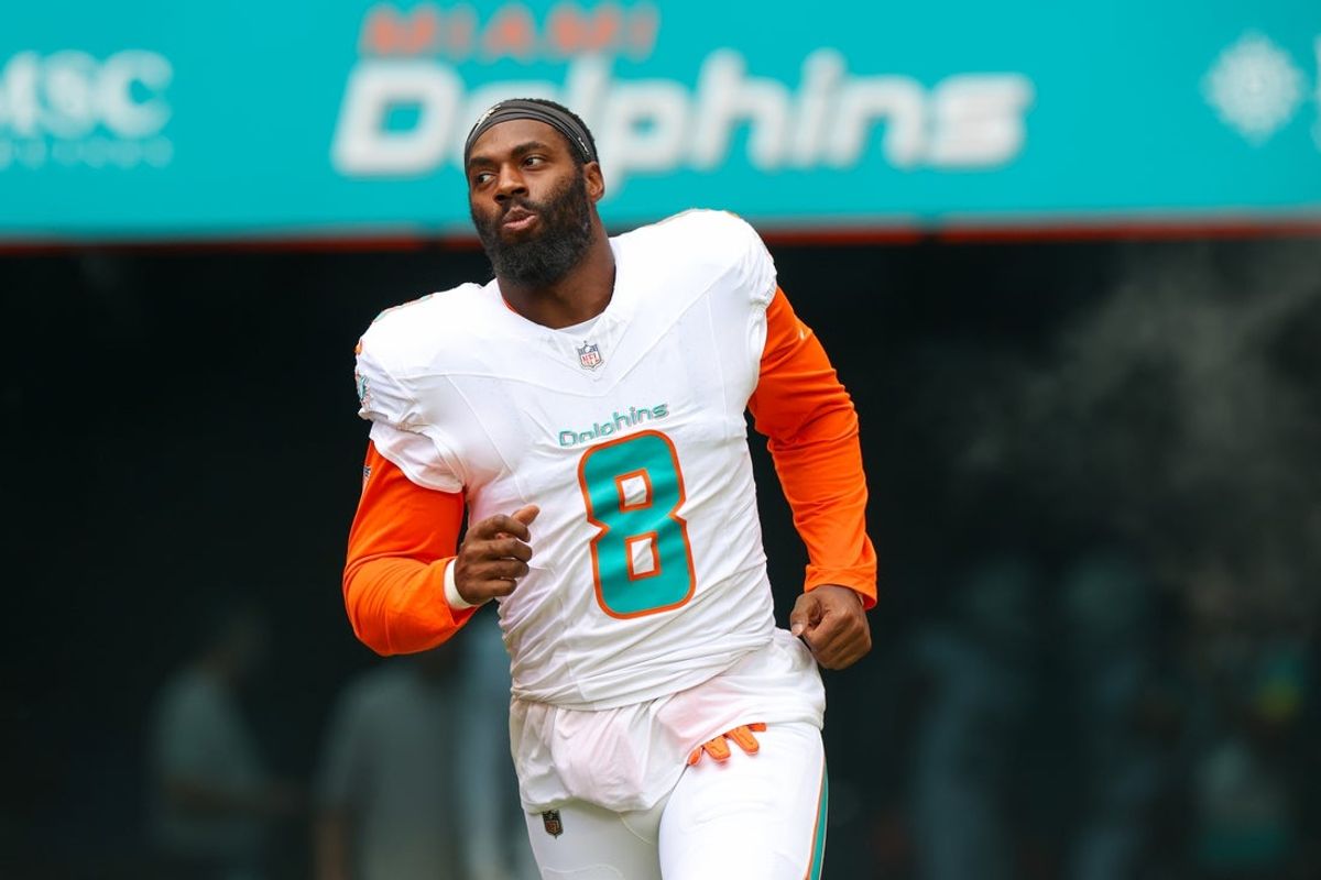 Sep 14, 2025; Miami Gardens, Florida, USA; Miami Dolphins linebacker Matthew Judon (8) is introduced for a game against the New England Patriots at Hard Rock Stadium. Mandatory Credit: Nathan Ray Seebeck-Imagn Images