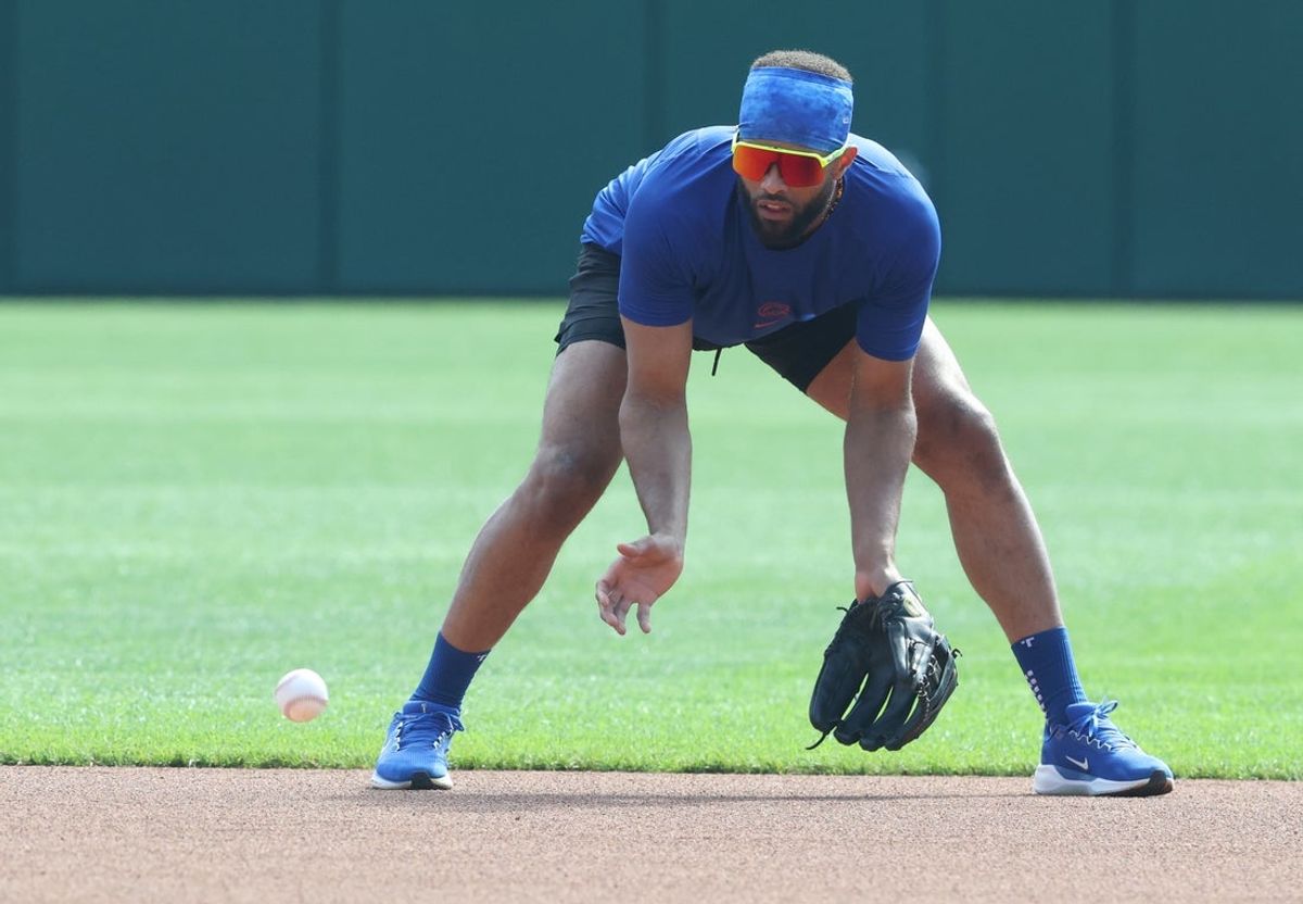 Sep 17, 2025; Pittsburgh, Pennsylvania, USA;  Chicago Cubs infielder Willi Castro (1) takes ground balls before the game against the Pittsburgh Pirates at PNC Park. Mandatory Credit: Charles LeClaire-Imagn Images