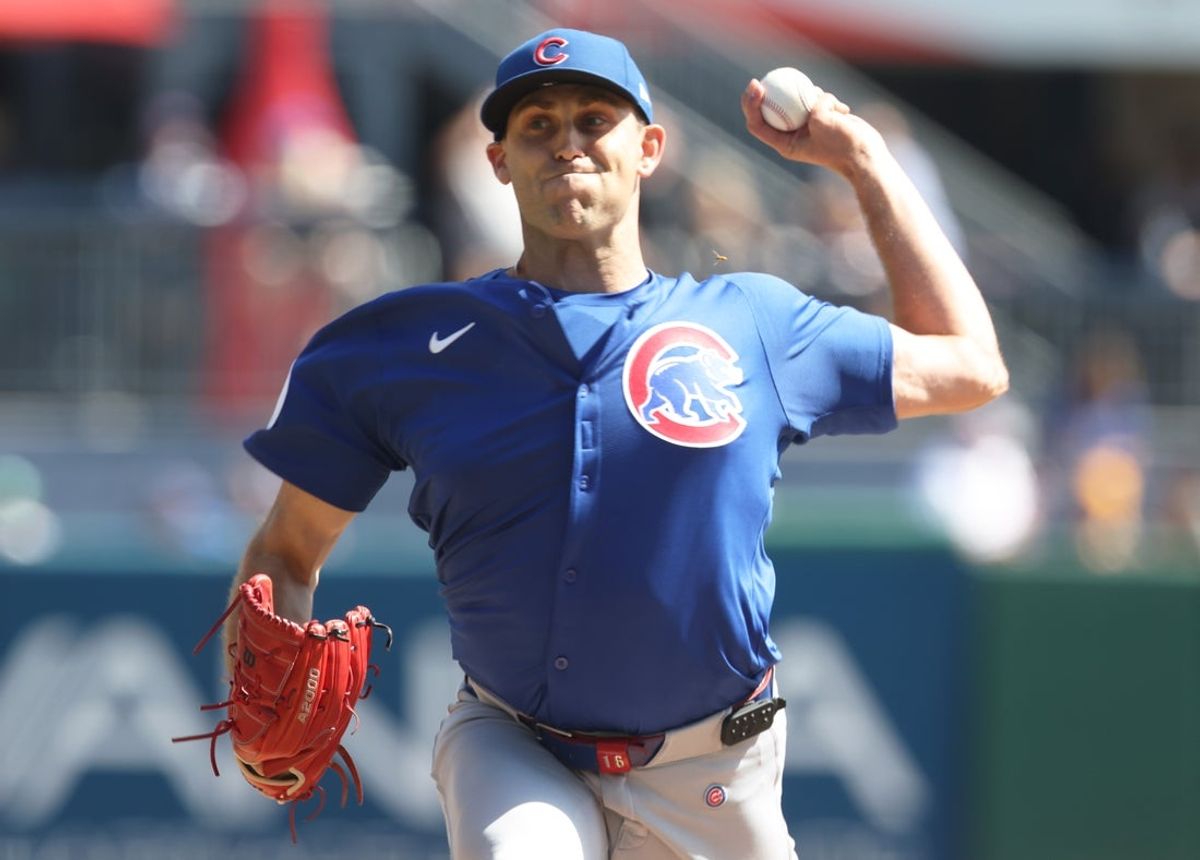 Sep 17, 2025; Pittsburgh, Pennsylvania, USA;  Chicago Cubs starting pitcher Matthew Boyd (16) delivers a pitch against the Pittsburgh Pirates during the first inning at PNC Park. Mandatory Credit: Charles LeClaire-Imagn Images