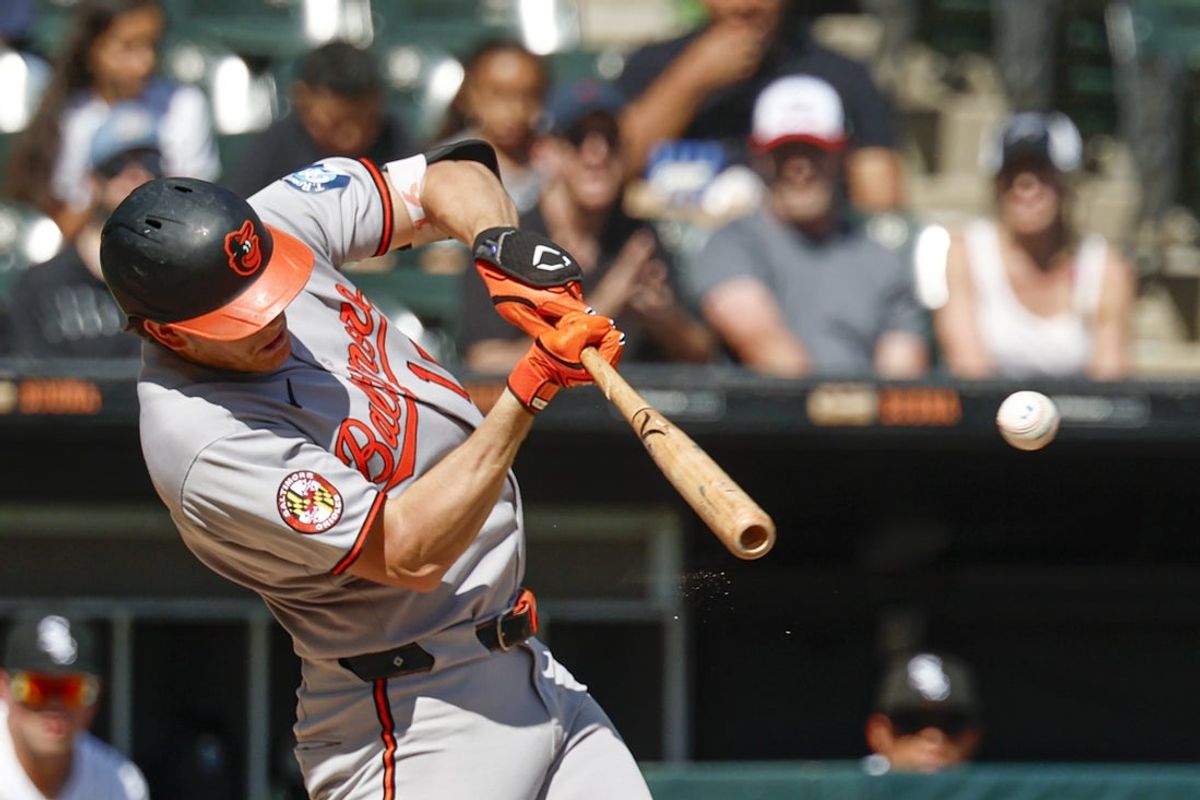 Sep 17, 2025; Chicago, Illinois, USA; Baltimore Orioles first baseman Coby Mayo (16) singles against the Chicago White Sox during the fourth inning at Rate Field. Mandatory Credit: Kamil Krzaczynski-Imagn Images