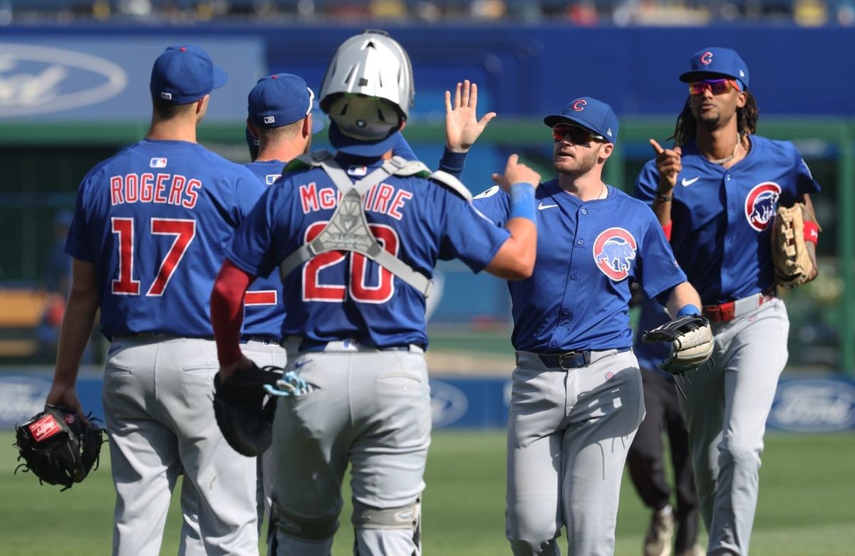 Sep 17, 2025; Pittsburgh, Pennsylvania, USA;  The Chicago Cubs celebrate after defeating the Pittsburgh Pirates to clinch a spot in the 2025 post-season at PNC Park. Mandatory Credit: Charles LeClaire-Imagn Images