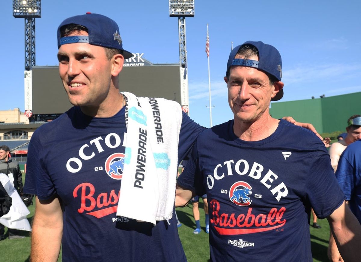 Sep 17, 2025; Pittsburgh, Pennsylvania, USA;  Chicago Cubs pitcher Matthew Boyd (left) and manager Craig Counsell (right) celebrate after defeating the Pittsburgh Pirates to secure a spot in the 2025 play-offs at PNC Park. Mandatory Credit: Charles LeClaire-Imagn Images