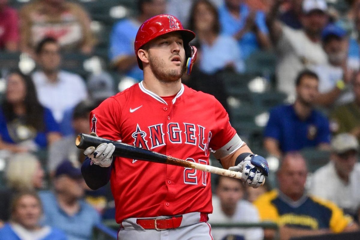 Sep 17, 2025; Milwaukee, Wisconsin, USA; Los Angeles Angels designated hitter Mike Trout (27) reacts after striking out in the first inning against the Milwaukee Brewers at American Family Field. Mandatory Credit: Benny Sieu-Imagn Images
