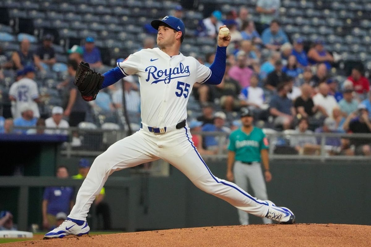 Sep 17, 2025; Kansas City, Missouri, USA; Kansas City Royals starting pitcher Cole Ragans (55) delivers a pitch against the Seattle Mariners during the first inning at Kauffman Stadium. Mandatory Credit: Denny Medley-Imagn Images