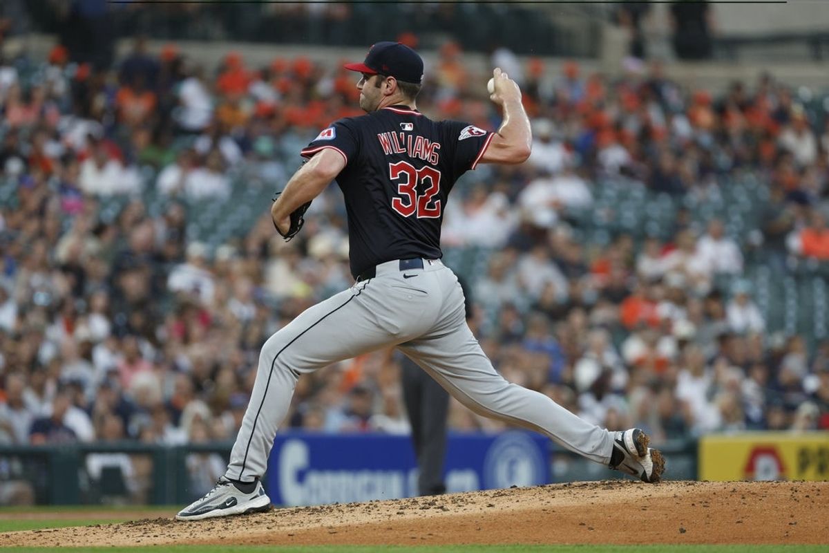 Sep 17, 2025; Detroit, Michigan, USA; Cleveland Guardians starting pitcher Gavin Williams (32) throws during the first inning against the Detroit Tigers at Comerica Park. Mandatory Credit: Brian Bradshaw Sevald-Imagn Images